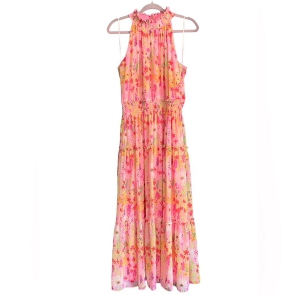 Taylor Floral Pink Halter Mock Neck Sleeveless Elastic Waist Maxi Dress